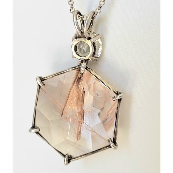 Large Gold  Rutilated Quartz Spiritual Hex Necklace Sterling Plus 2nd Crystal - Picture 9 of 11